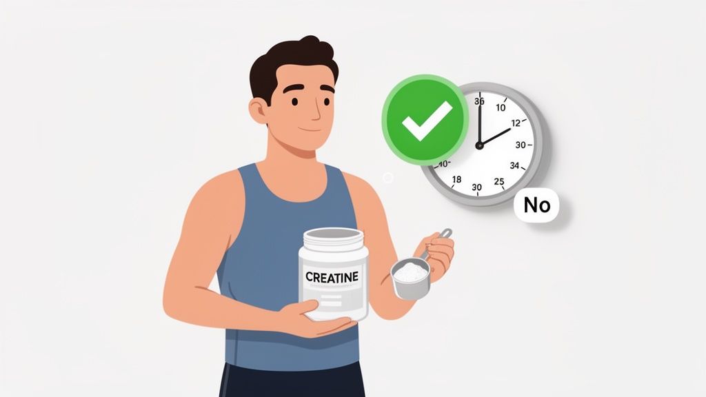 An illustration of a man holding creatine powder, with a clock and checkmark, suggesting timing.