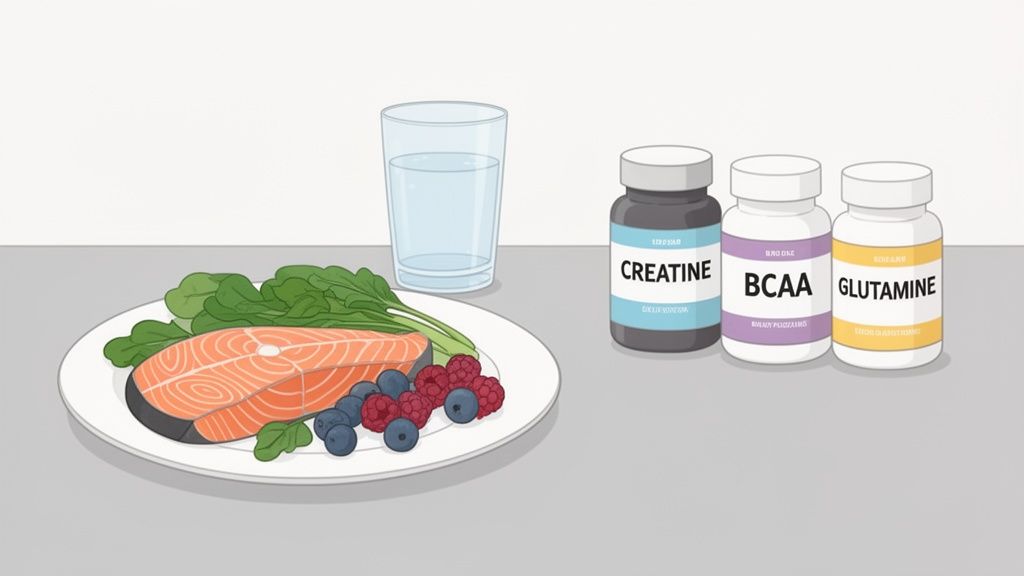 A healthy meal with salmon, greens, berries, water, and post-workout supplements creatine, BCAA, and glutamine.