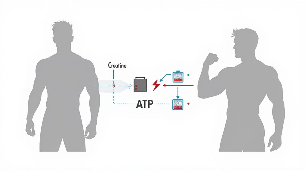 Diagram illustrating how creatine helps generate ATP energy for muscle function and performance.