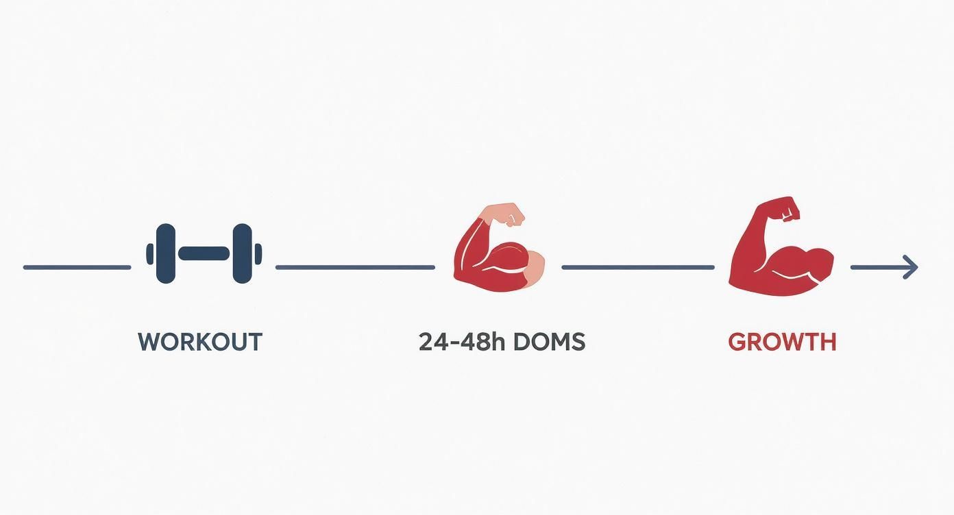 A timeline illustrating the muscle growth process: workout, 24-48 hours of DOMS, and then muscle growth.