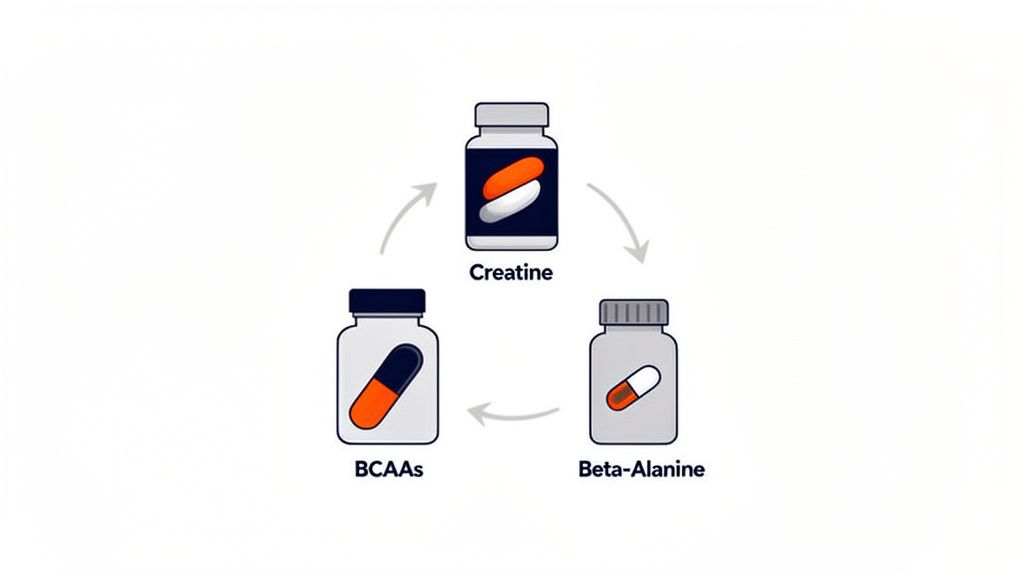 Illustration of three workout supplements: Creatine, BCAAs, and Beta-Alanine, in a cyclical diagram.