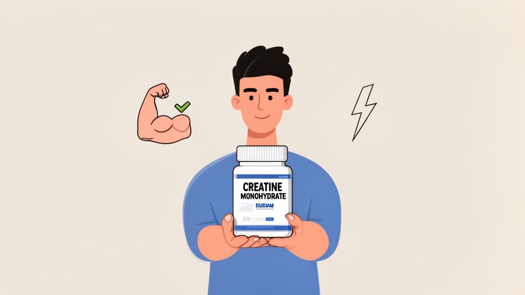Illustration of a smiling man holding a creatine monohydrate supplement bottle, with icons for muscle and energy.