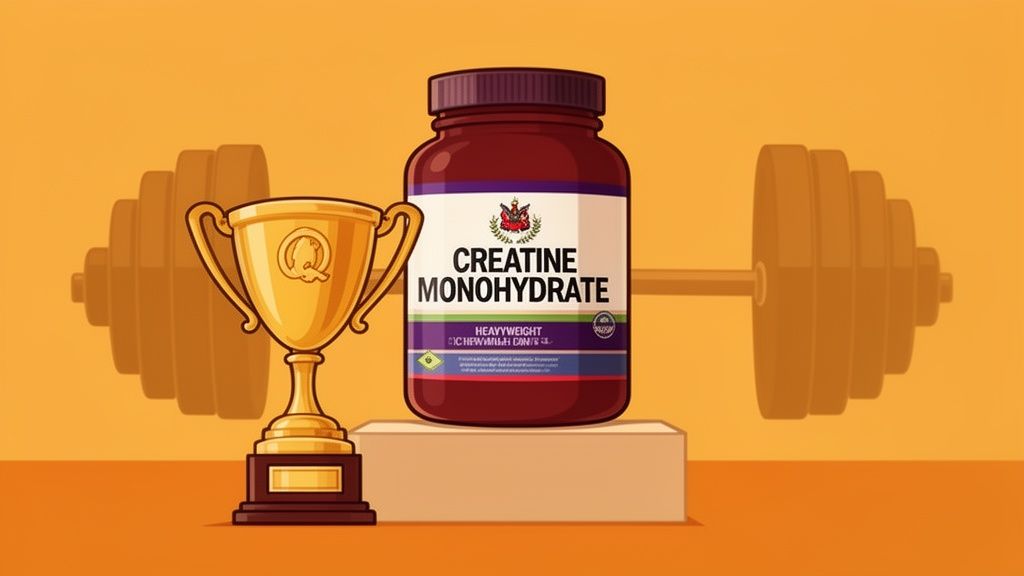 An illustration of a Creatine Monohydrate bottle and a golden trophy, representing strength and success.