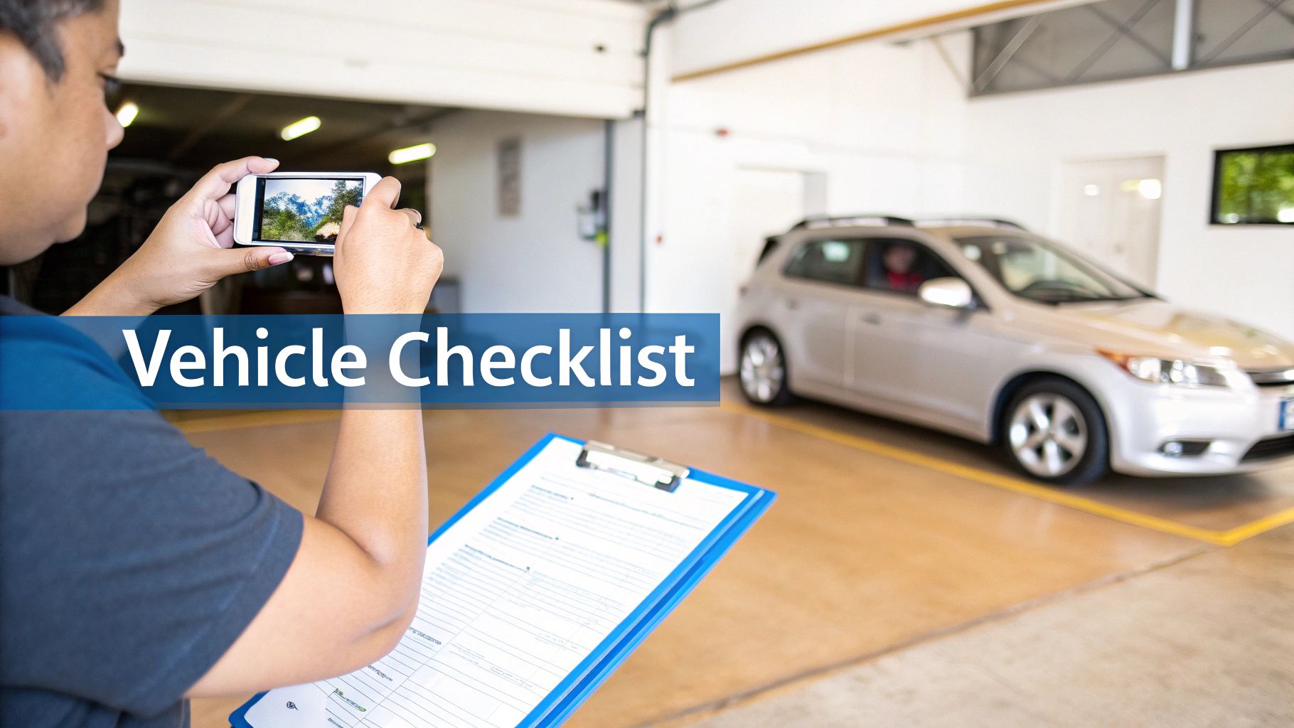 Person reviewing car shipping documents with a driver.