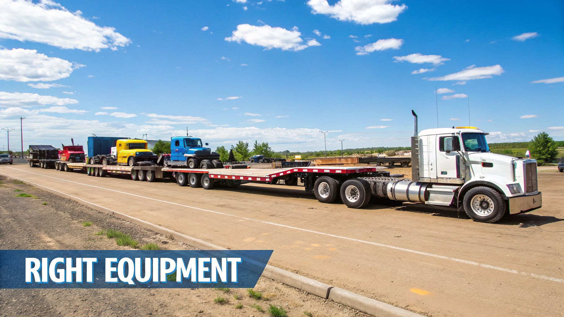 A heavy haul truck with a specialized lowboy trailer carrying a large yellow excavator down a highway.