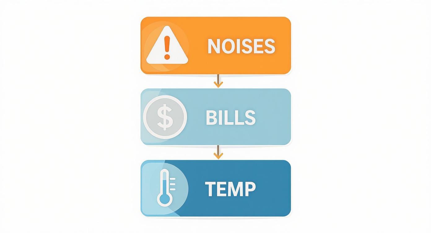 Infographic decision tree showing HVAC warning signs for strange noises, high bills, and inconsistent temperatures.