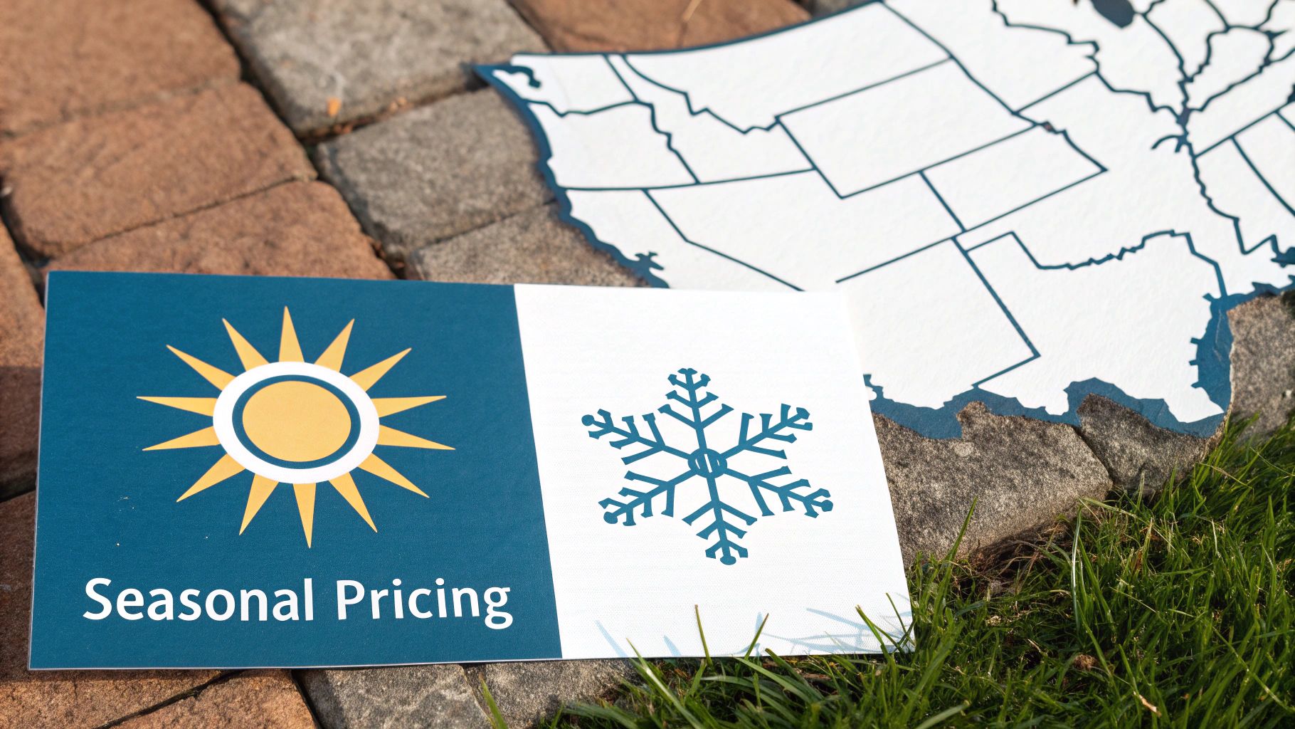 Calendar and map illustrating seasonal and location-based pricing for AC service