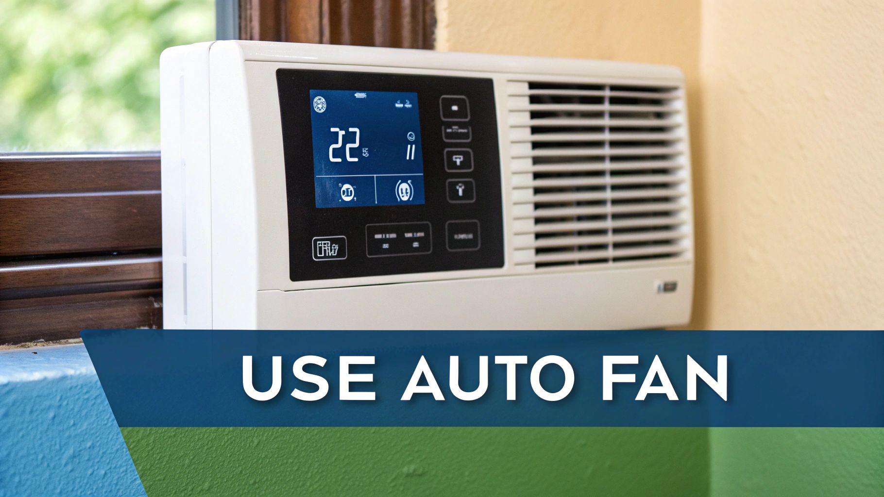 A person adjusting the thermostat on their window AC unit