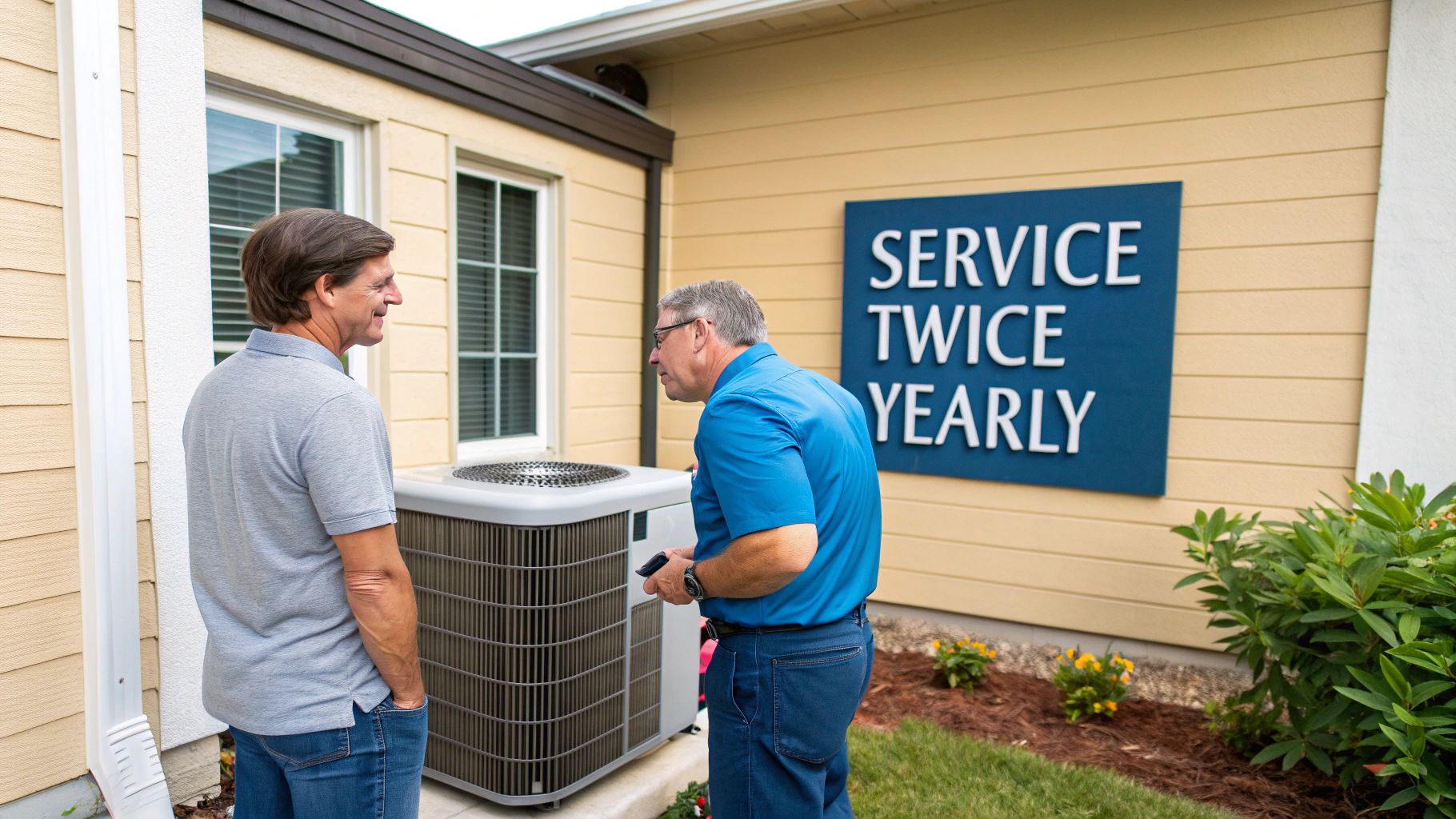 HVAC technician servicing an outdoor air conditioning unit.