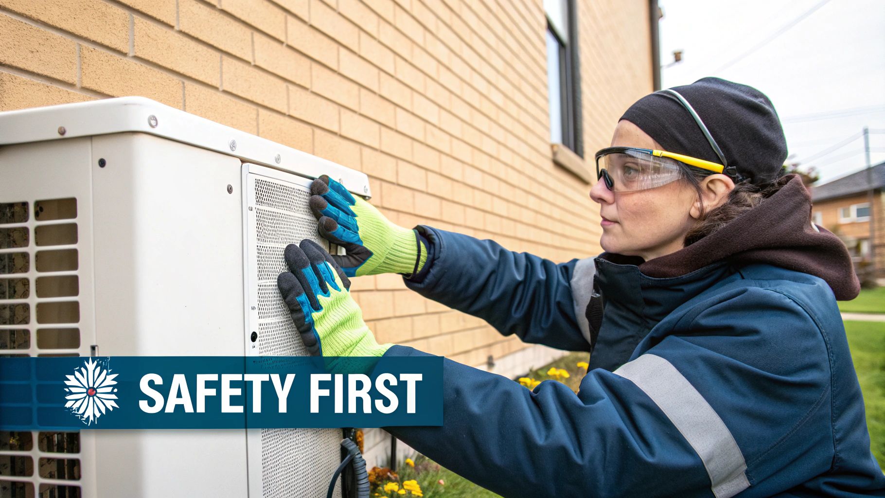An electrician wearing protective gloves and using a multimeter to test the voltage on an AC disconnect box.
