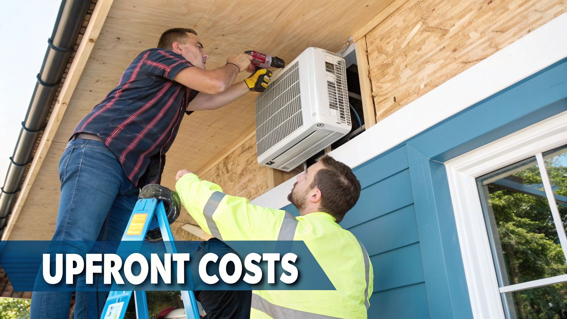 A professional technician installing a ductless mini split unit on an interior wall.