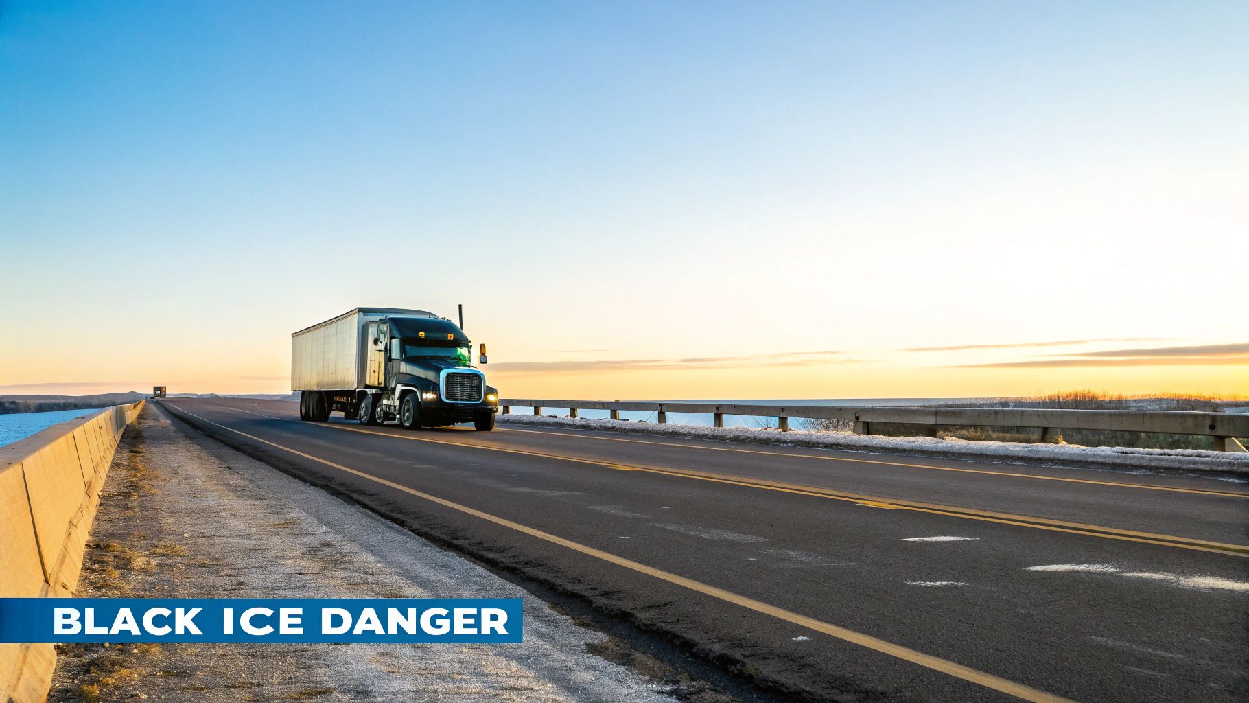 A semi-truck navigating a snowy, potentially icy road during winter.