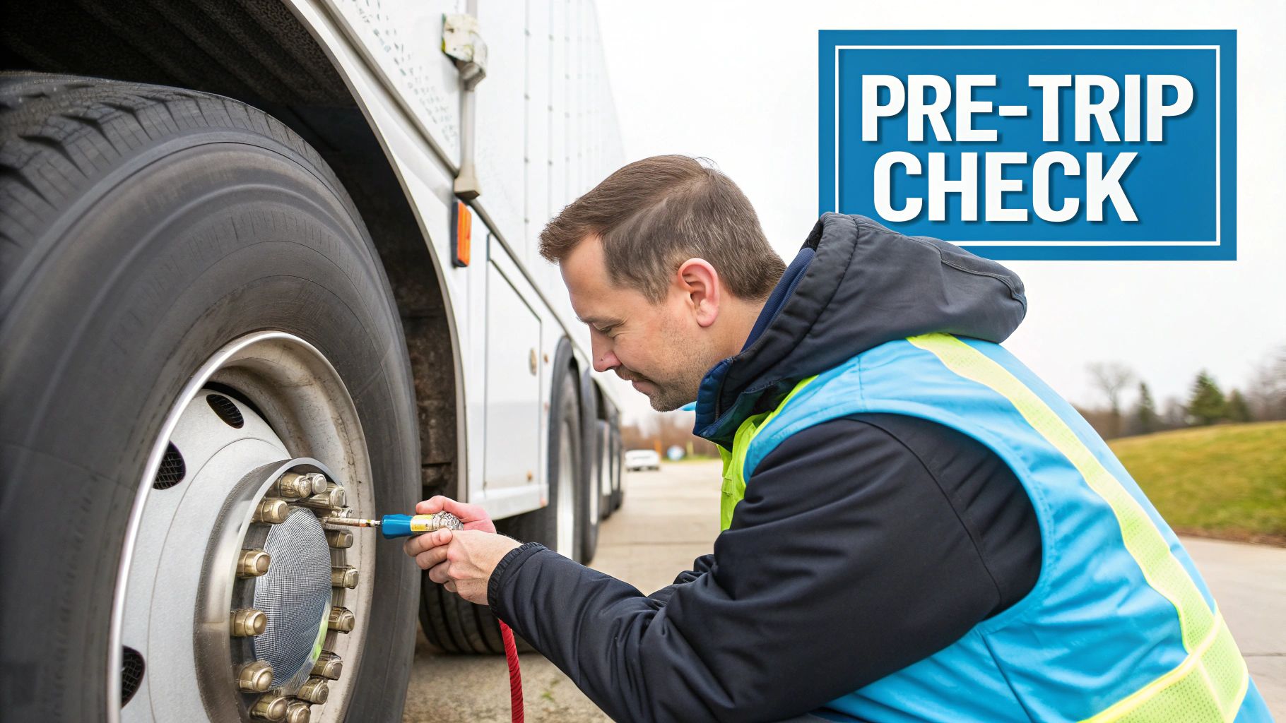A driver checks the tires of a semi-truck in a snowy yard before a trip.