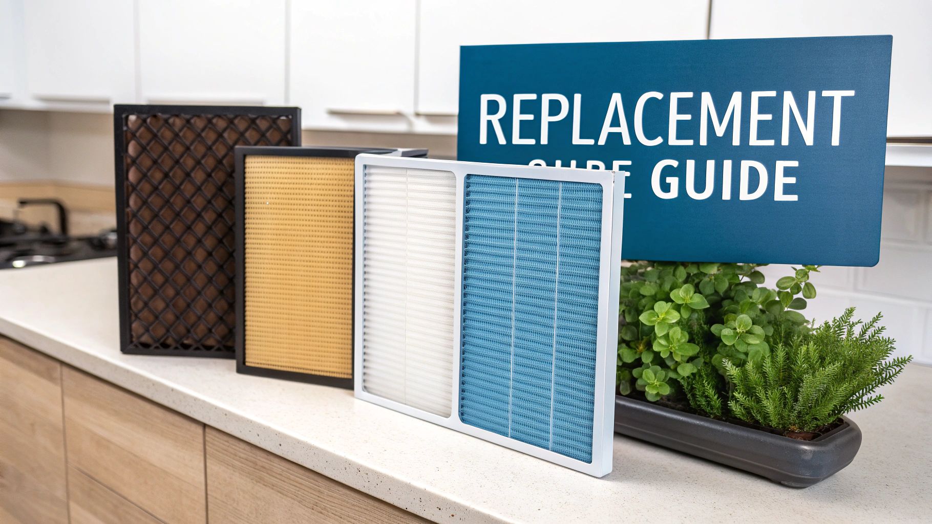 A hand holding a clean, new pleated air filter in front of an open HVAC unit.