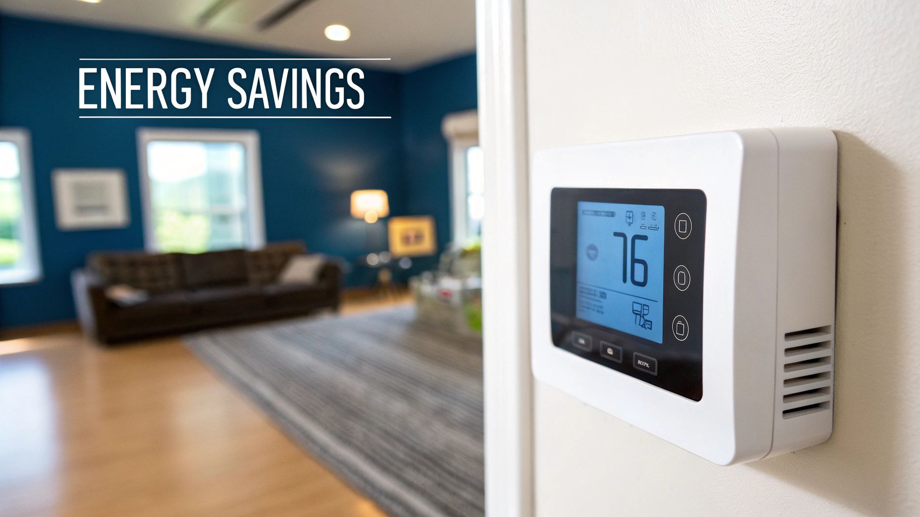 A person adjusting a thermostat with a smart home app on their phone, showing energy savings.