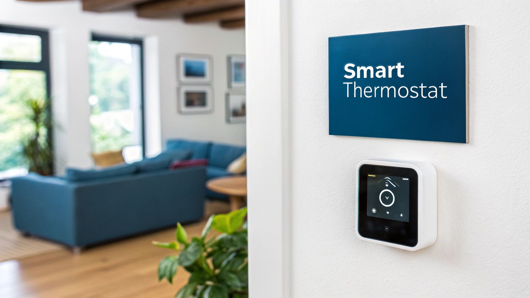 A hand adjusting a modern smart thermostat mounted on a wall.