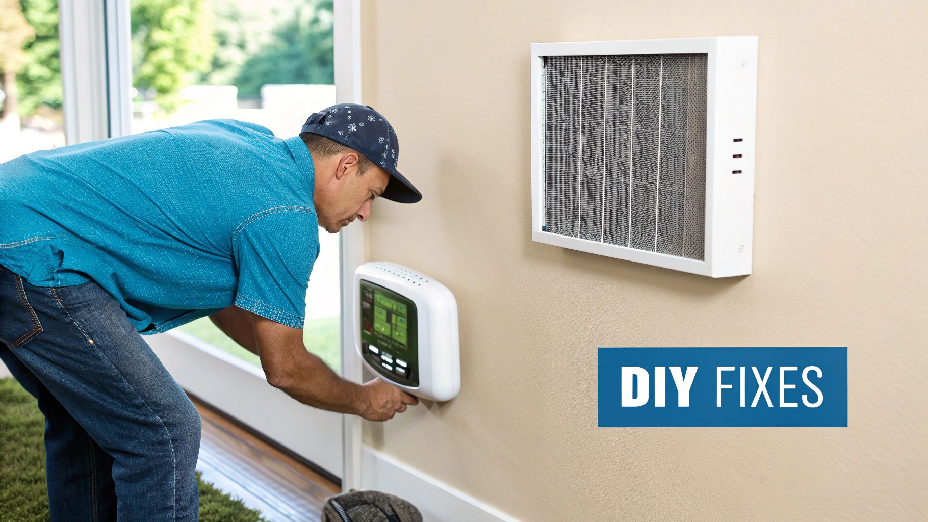 Person replacing an air filter in an AC unit