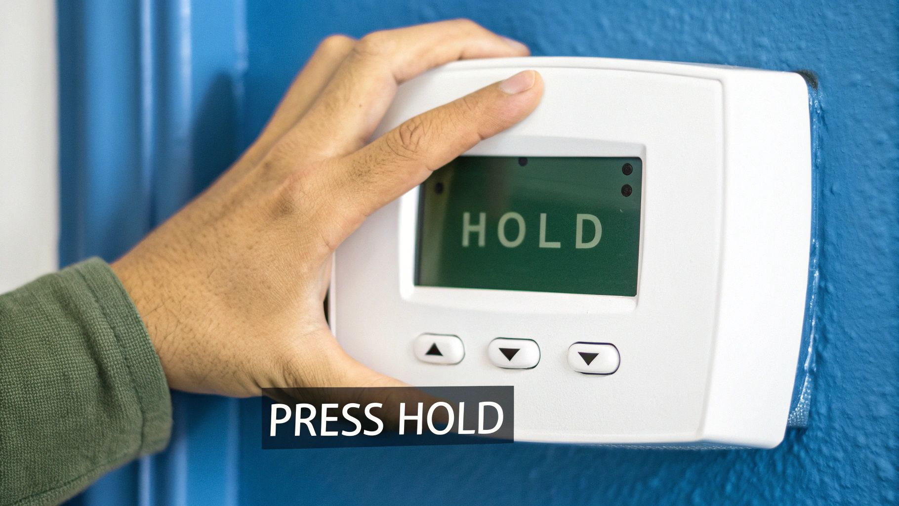 A person's hand adjusting a Honeywell thermostat on a wall.