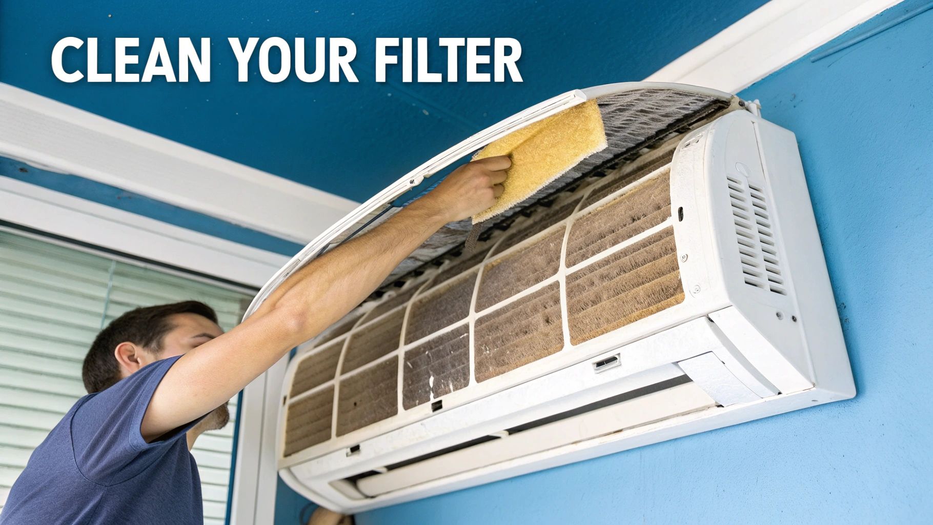 A person cleaning the air filter of a window AC unit.