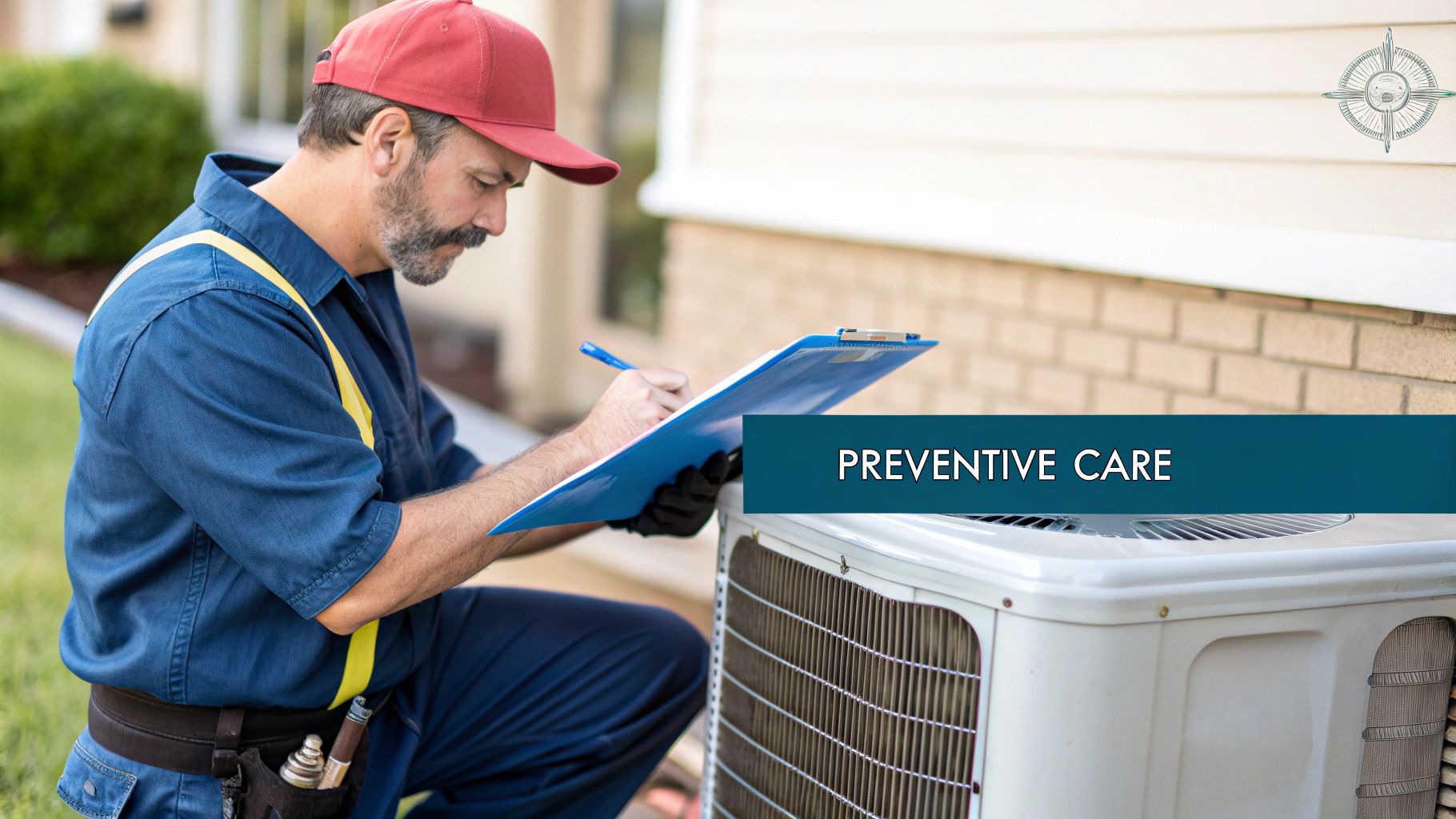 A technician inspects an outdoor AC unit, showcasing the core of an AC maintenance plan.