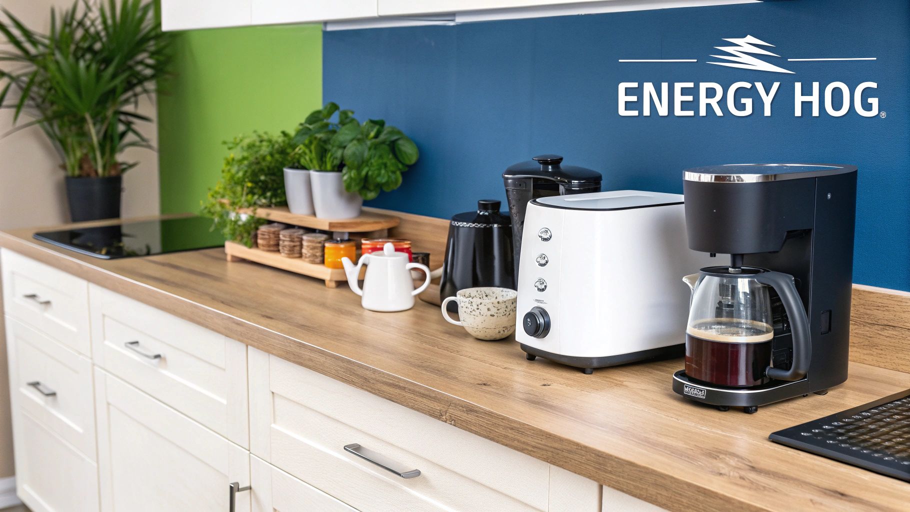 A modern kitchen with energy-efficient appliances and a visible ENERGY STAR label on a refrigerator.