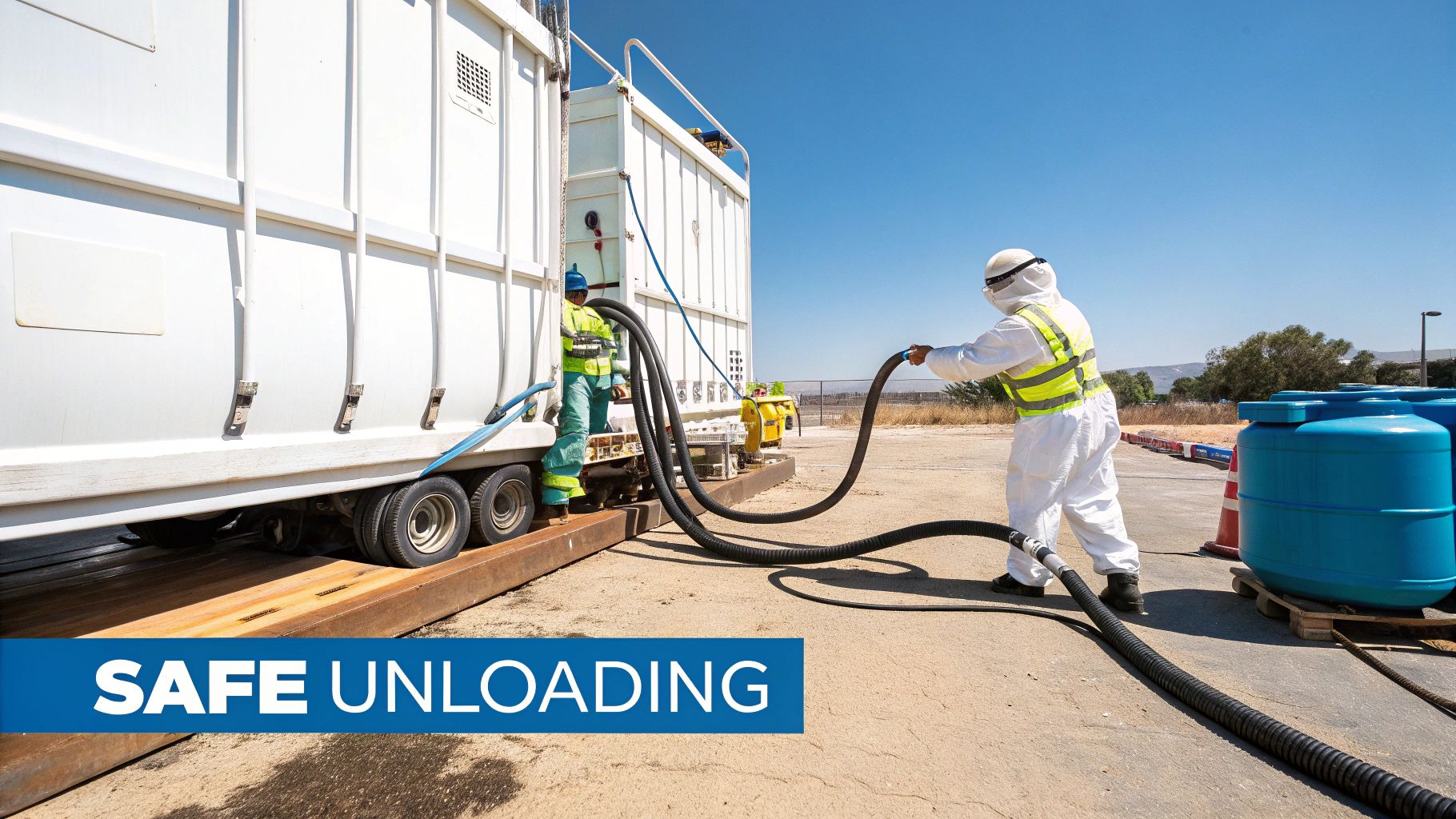 A worker in full safety gear overseeing the transfer of asphalt from a container to a storage tank.