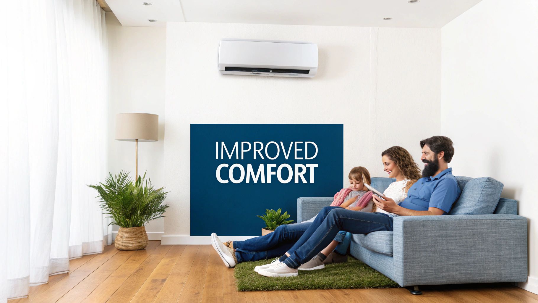 A comfortable living room with a modern, high-efficiency HVAC system.