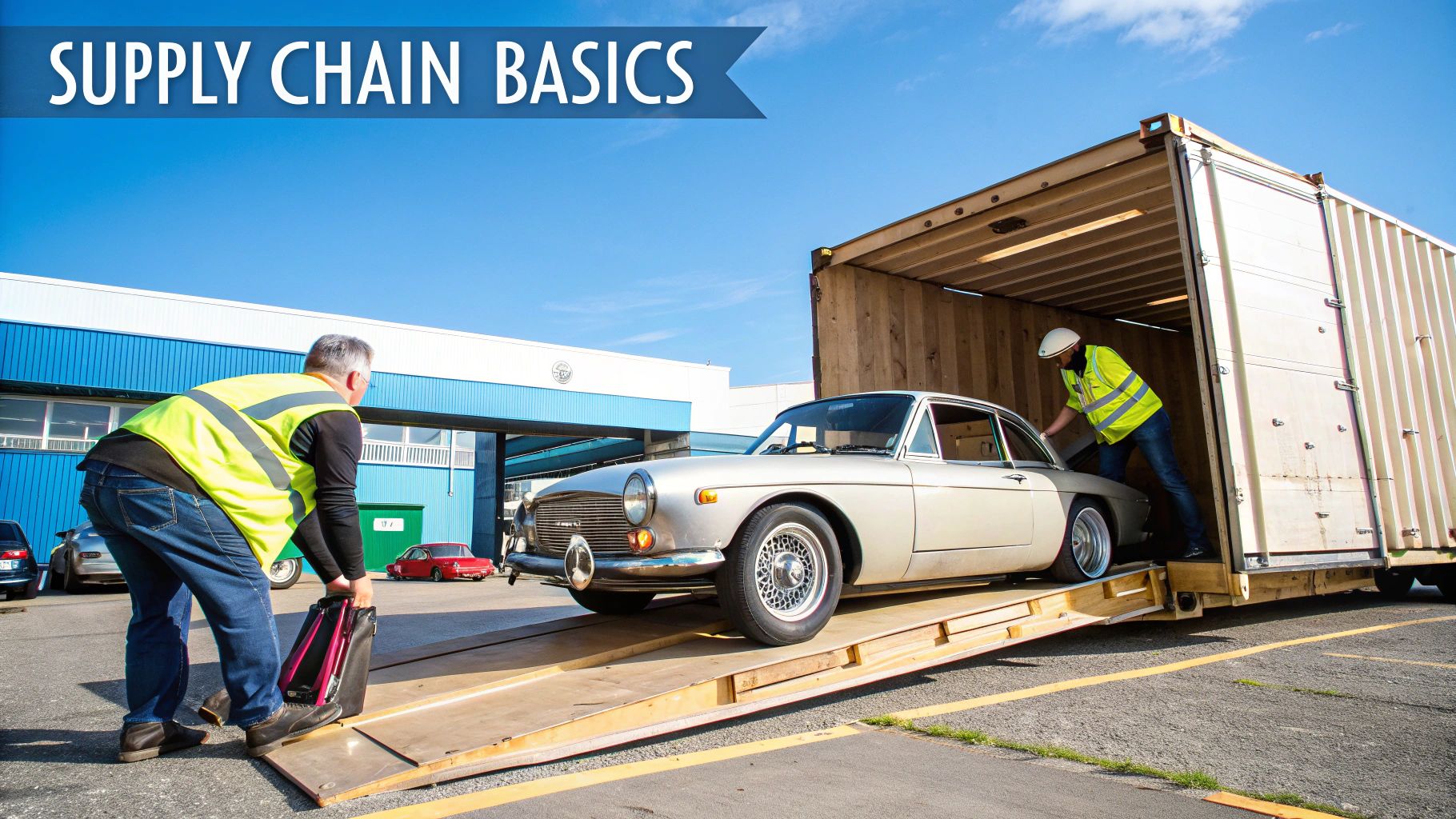 Heavy equipment being loaded onto a transport truck, illustrating supply chain management.