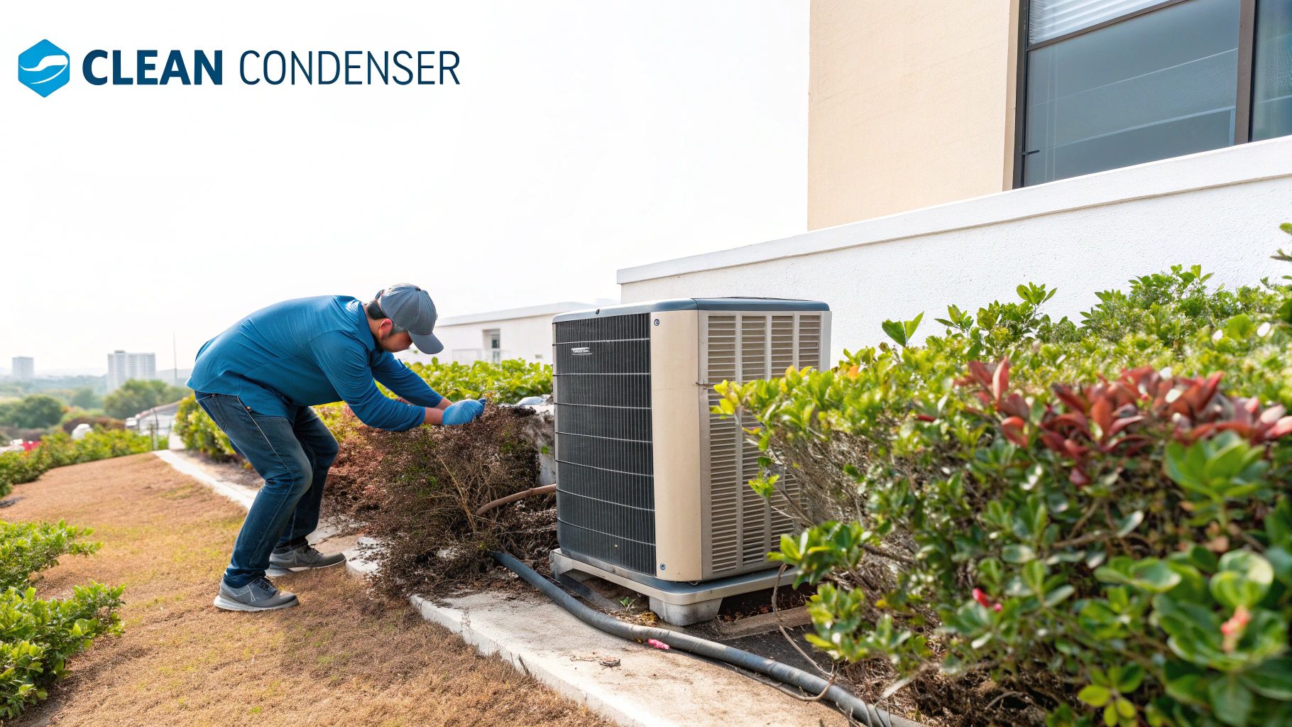 An outdoor AC condenser unit surrounded by greenery