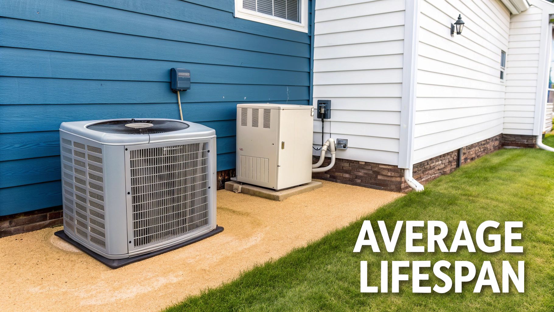 A modern HVAC unit installed on the side of a residential house, surrounded by neat landscaping.