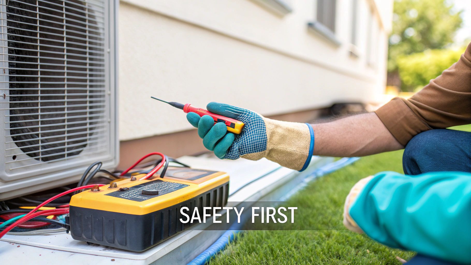 An array of essential tools for AC repair, including a multimeter, screwdrivers, and gloves, laid out neatly.