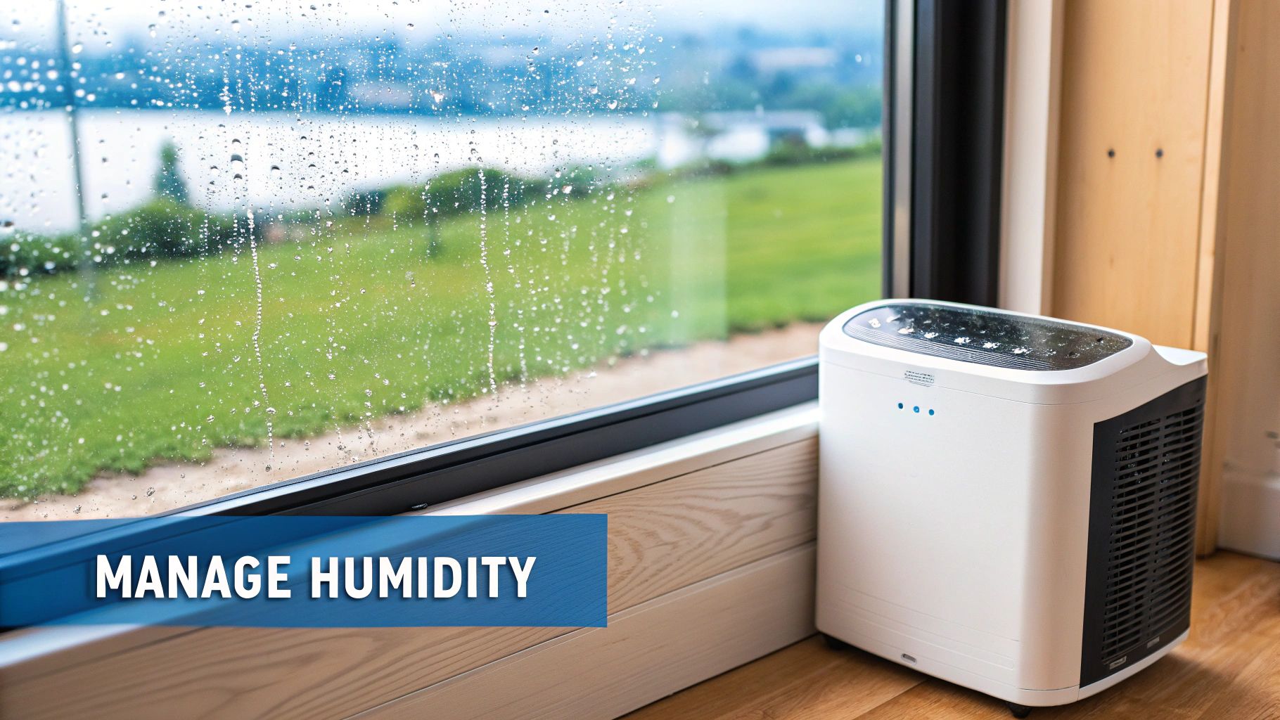 A condensation-covered window indicating high humidity