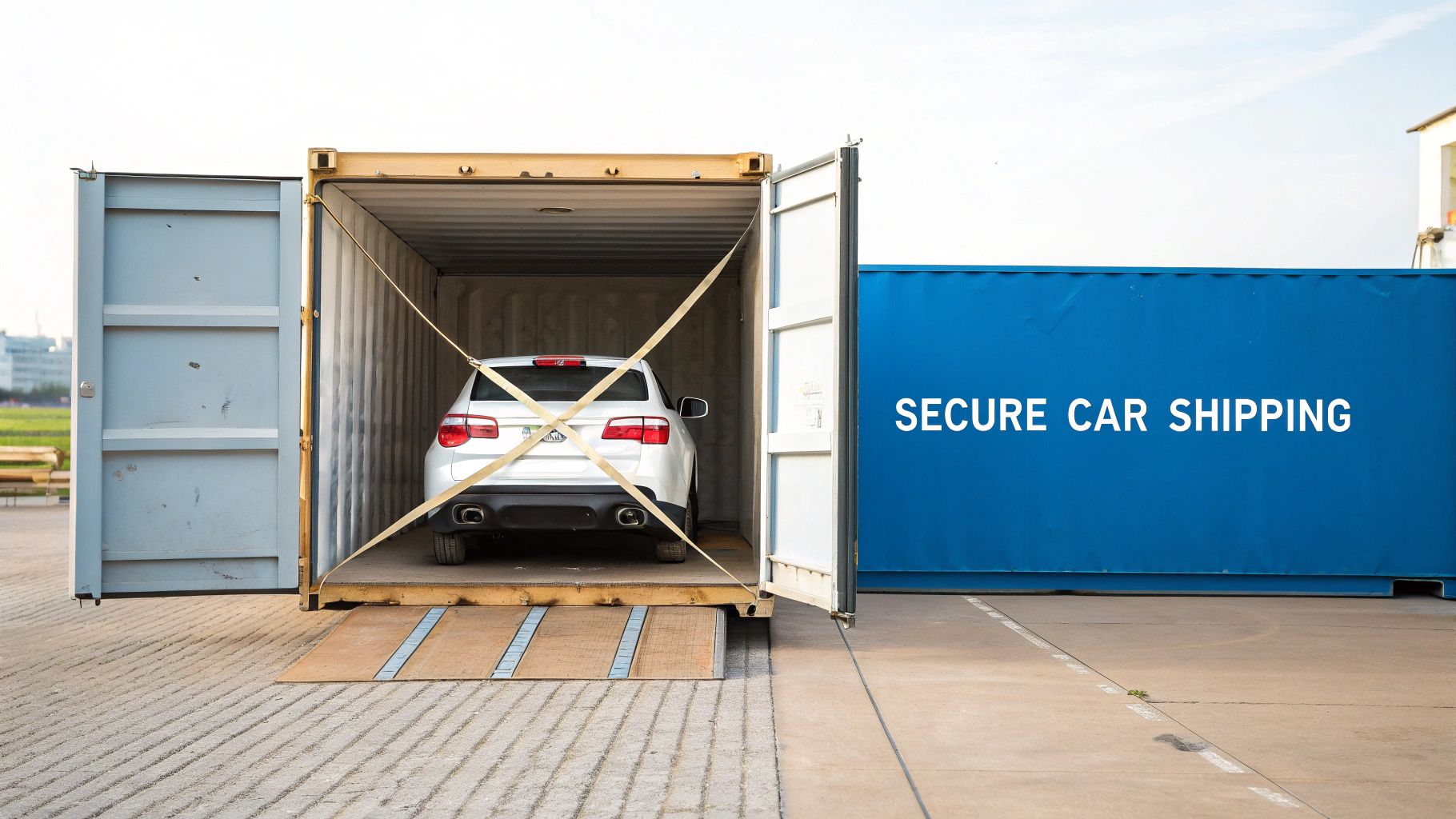 A modern car being loaded into a large shipping container at a port.