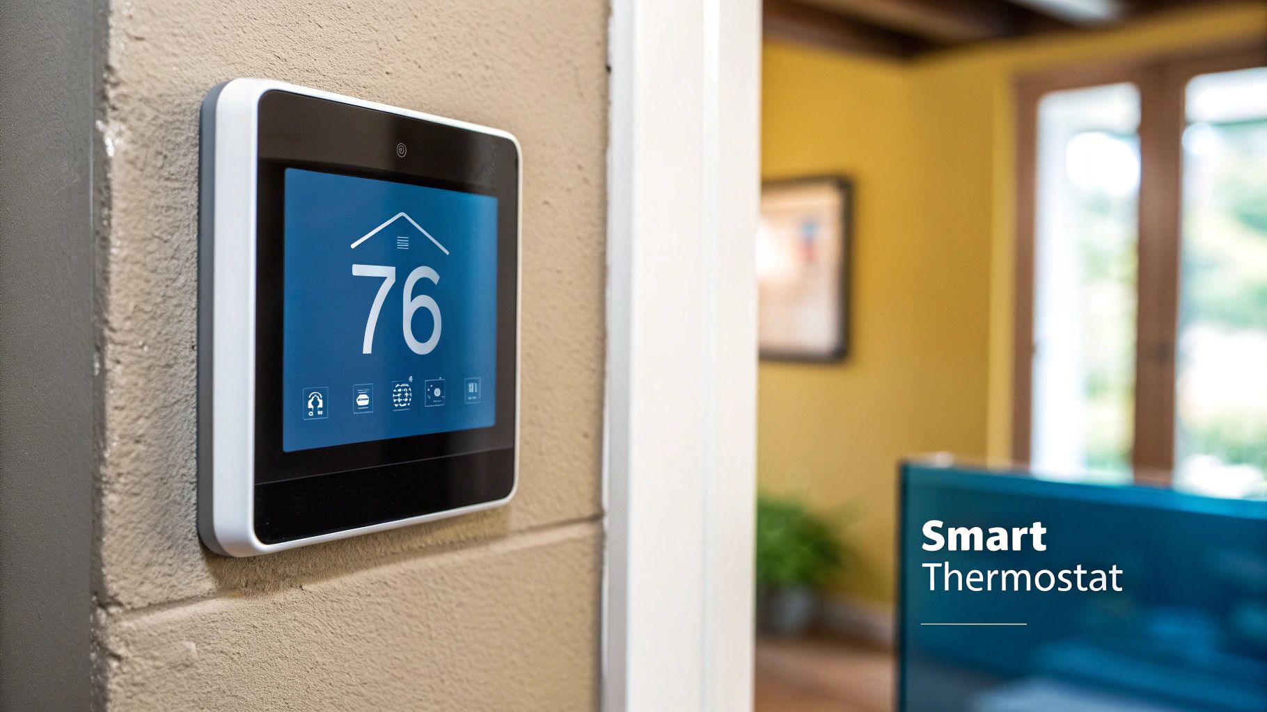 A person adjusting a modern smart thermostat on a wall.