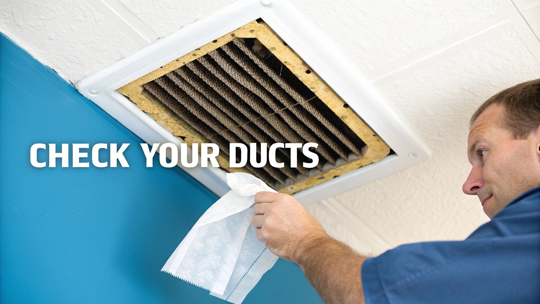Close-up of a dusty and dirty air vent cover on a wall.