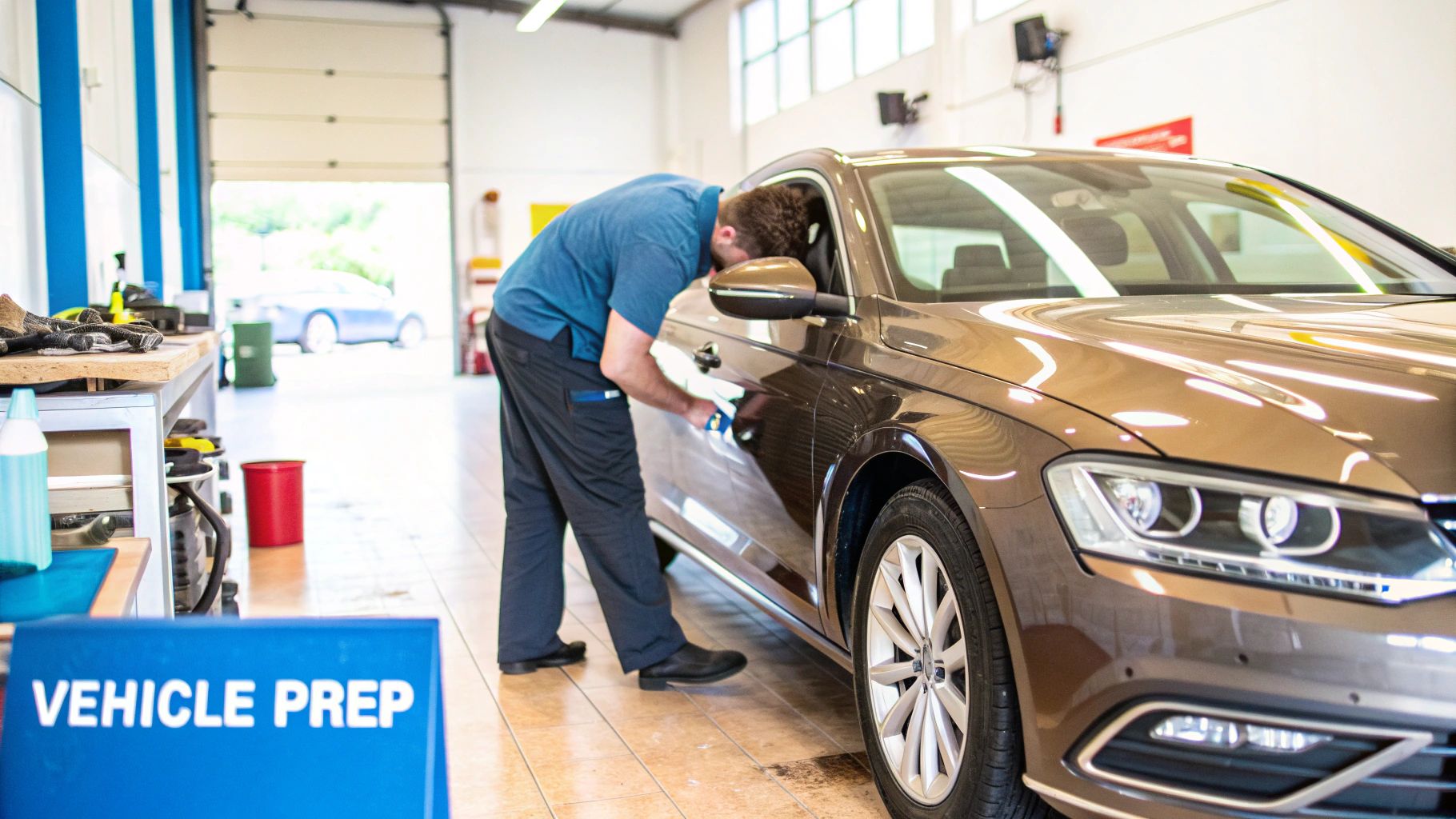 A truck driver and a customer inspecting a car before transport