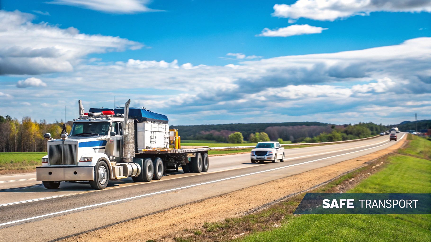 A heavy haul truck is carefully secured with chains and straps, showing the meticulous attention to detail required for a safe transport.