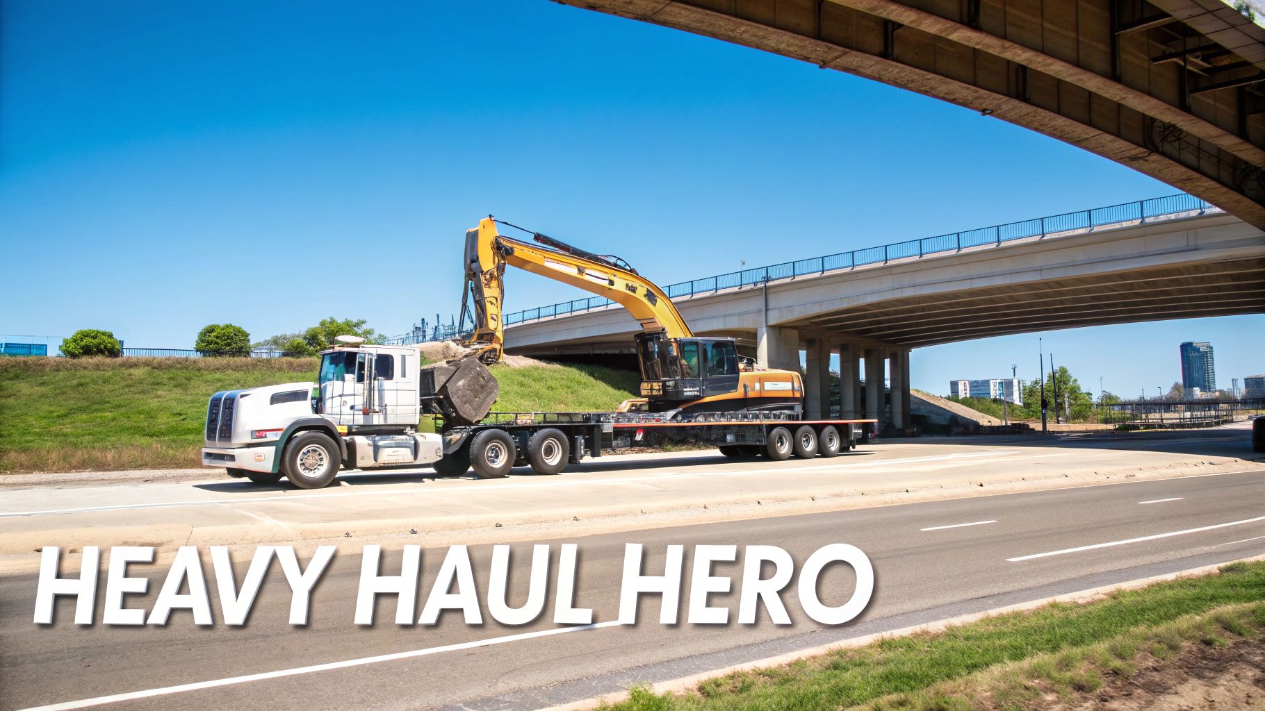 A lowboy trailer transporting a large piece of construction equipment on a highway.