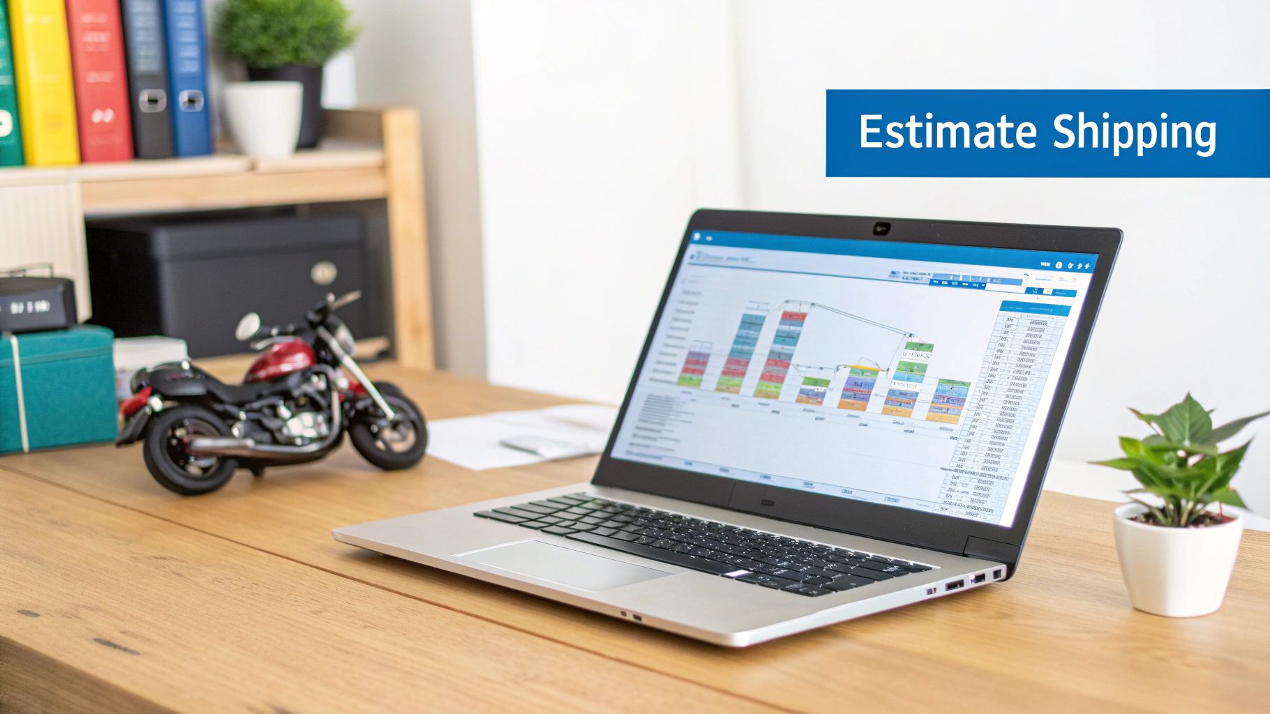 A person using a laptop to calculate motorcycle shipping costs, with a motorcycle in the background.