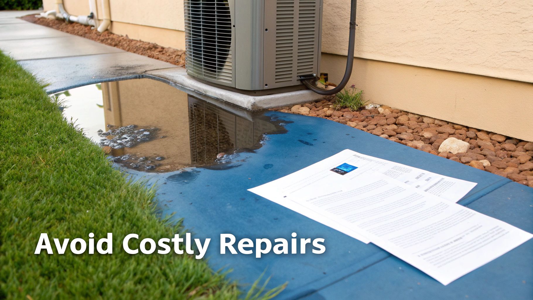 An expensive repair bill next to a malfunctioning air conditioner, symbolizing the cost of neglect.