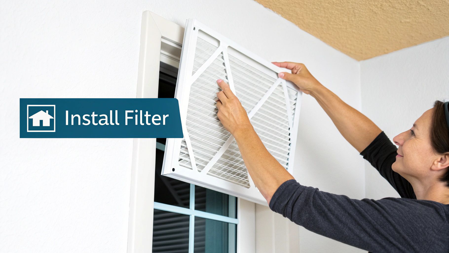 A person holding a new, clean air filter next to an HVAC unit.