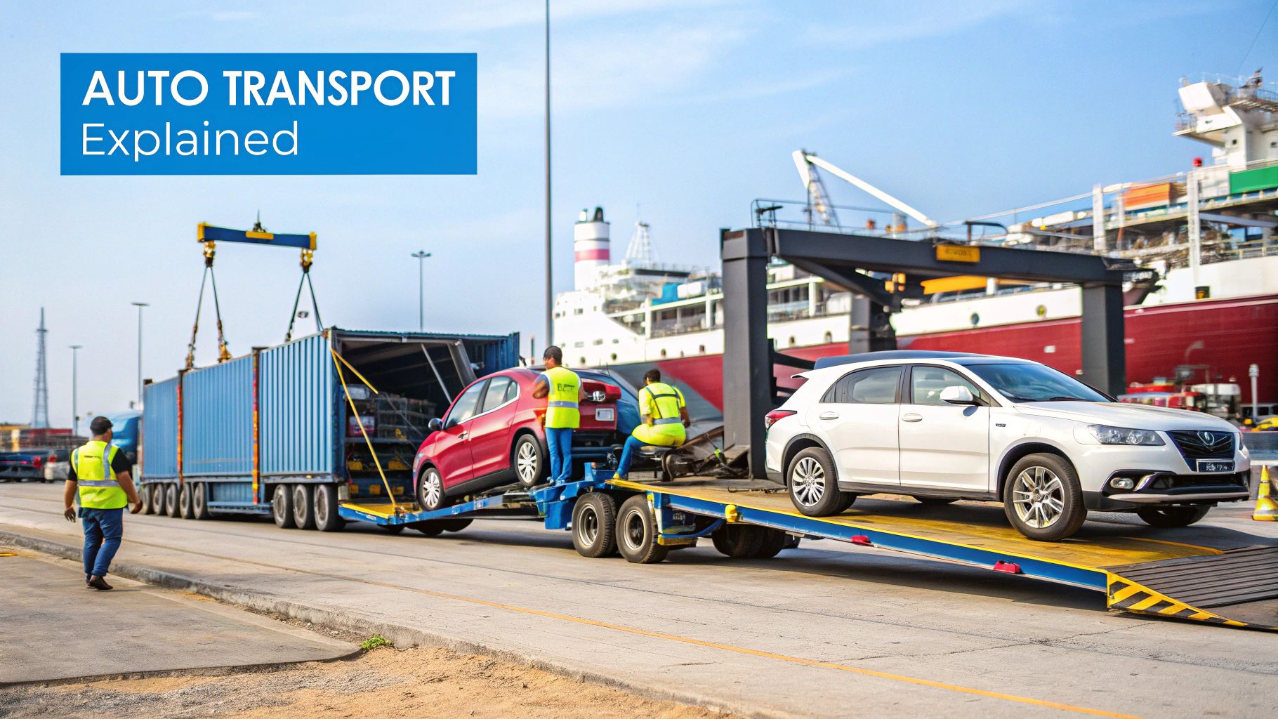 A large auto transport truck loaded with multiple cars driving on a highway.