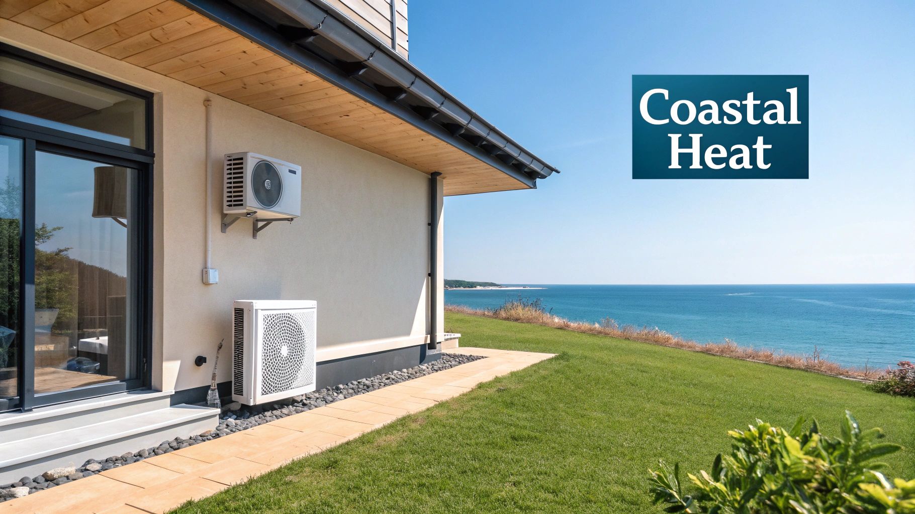 A modern, clean air conditioning unit installed on the side of a house.