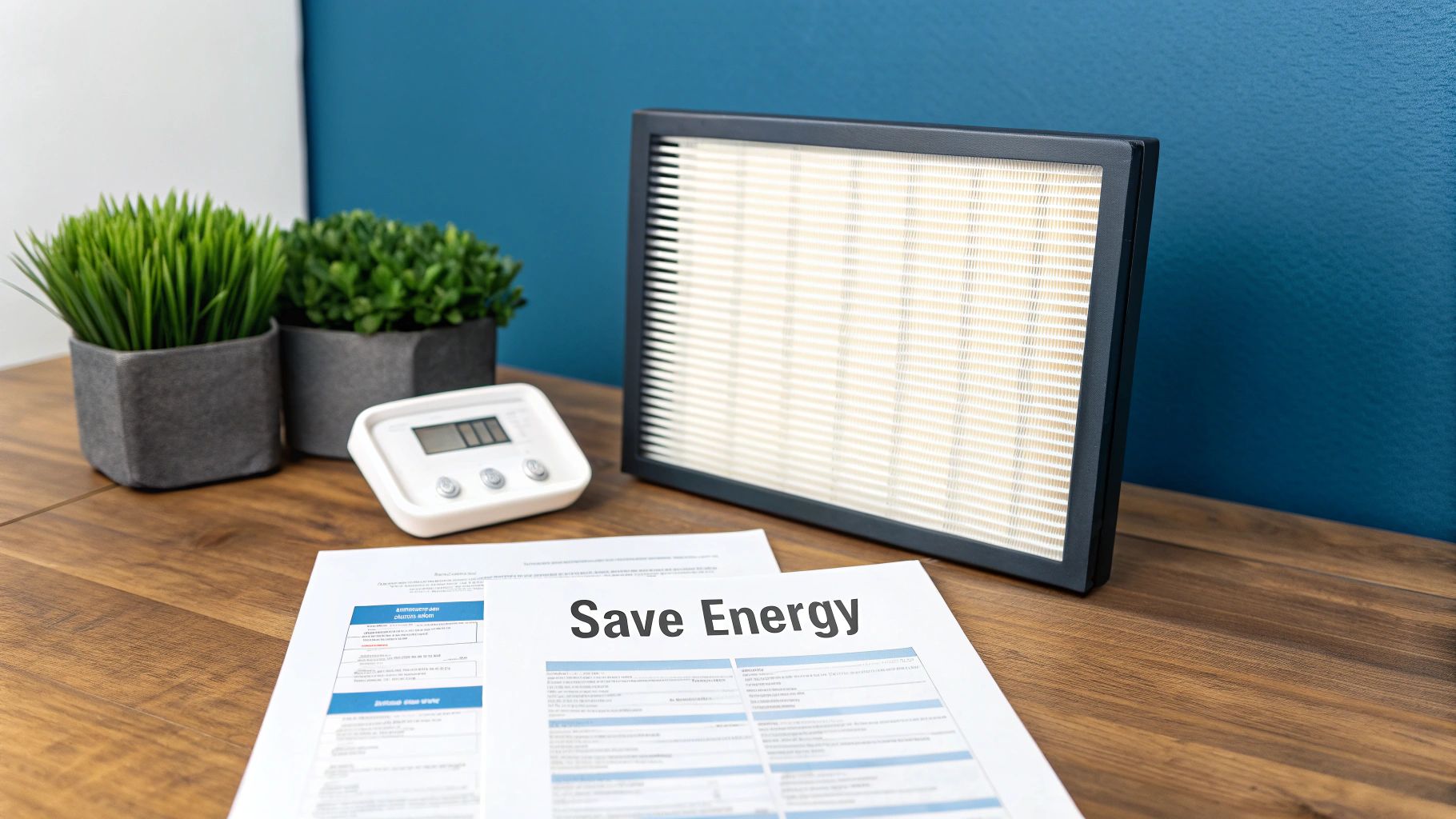 A clean, new air filter next to a dirty, clogged one, with a piggy bank in the background.