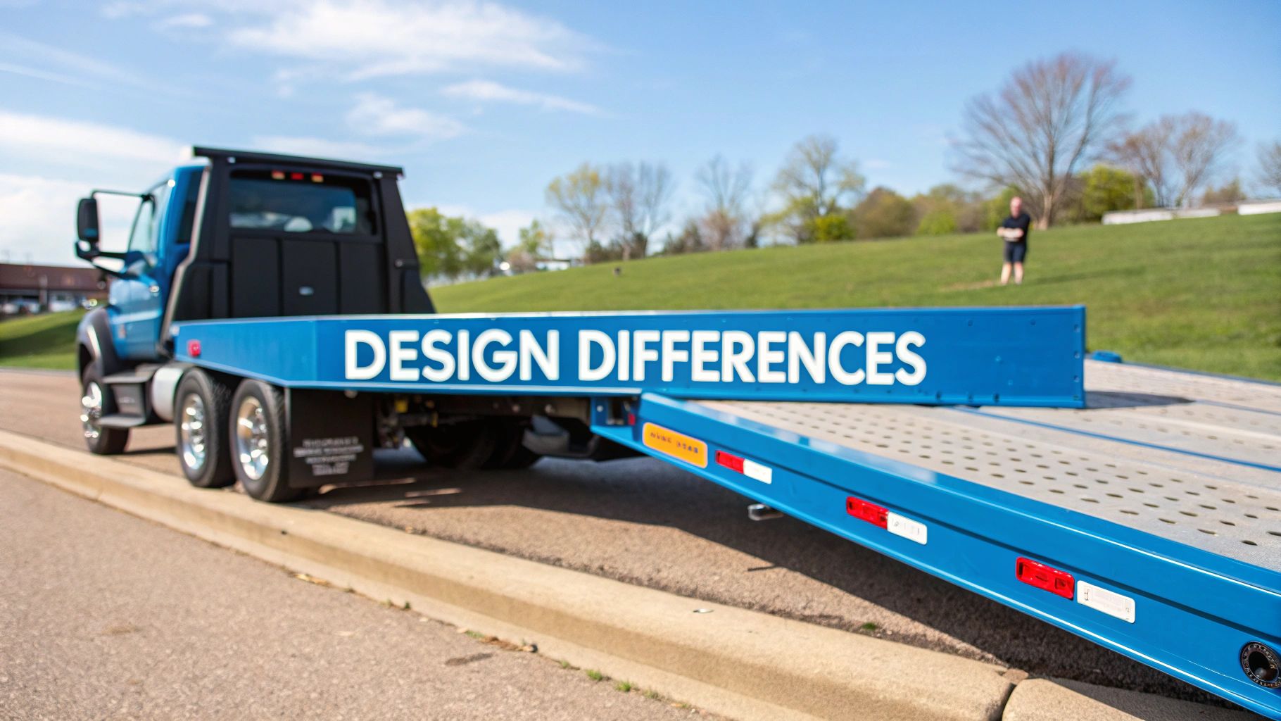 A lowboy trailer designed for heavy equipment transport, showcasing its distinct two-level deck.