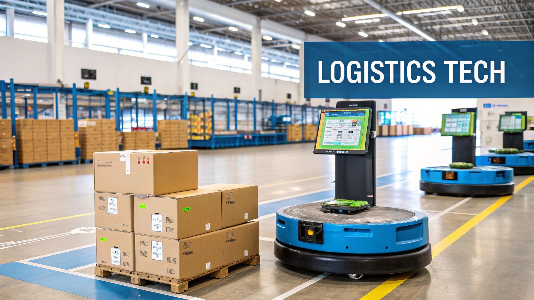 A person using a tablet to manage logistics data with trucks and packages in the background