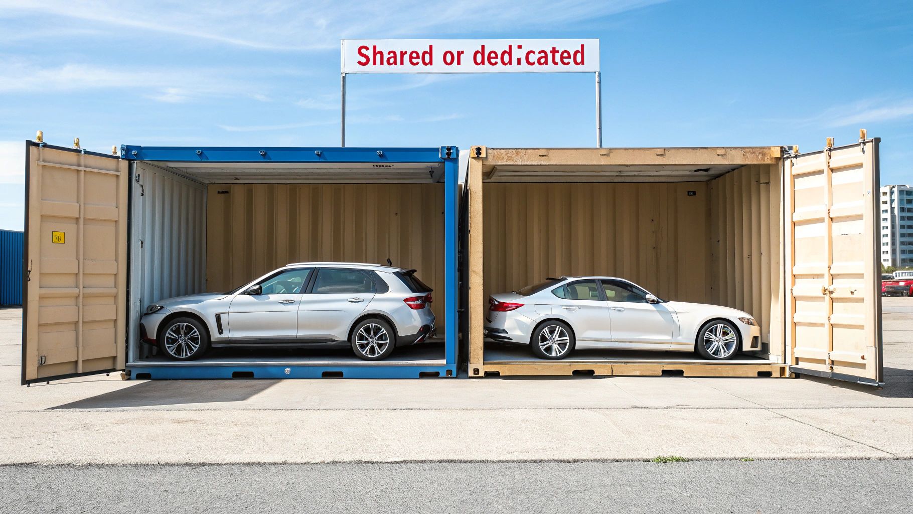 A car being carefully secured inside a shipping container for transport.