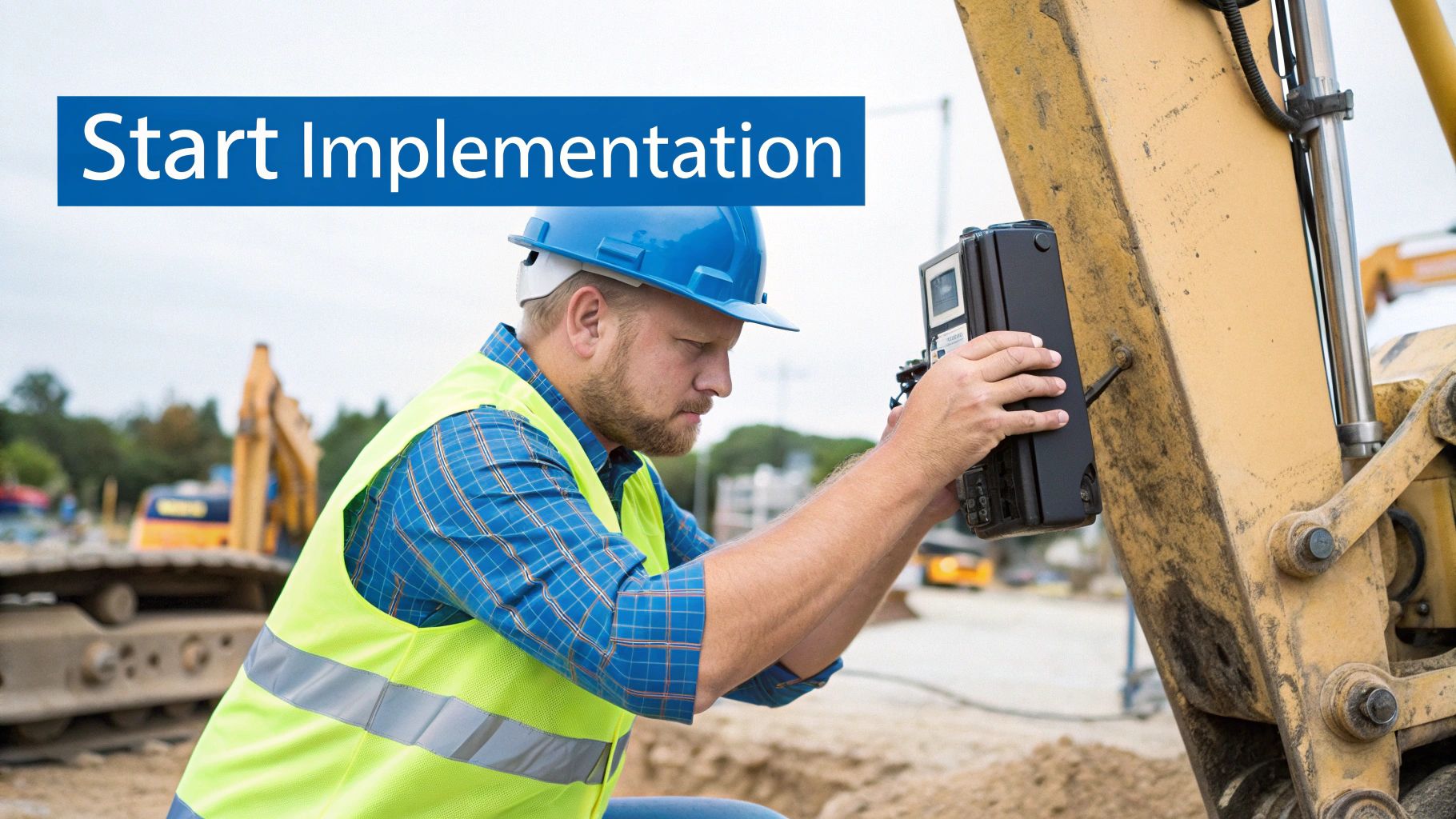 A construction manager reviews data on a tablet with heavy equipment in the background.