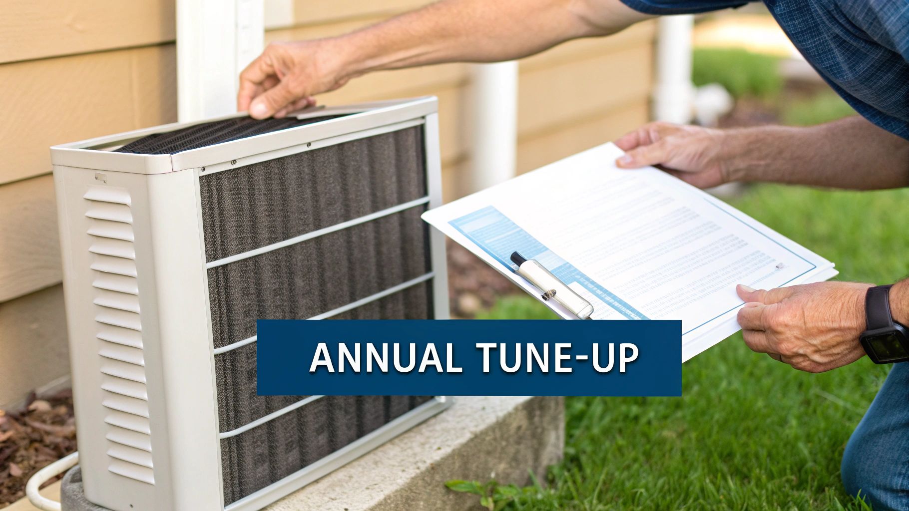 A professional HVAC technician performing maintenance on an outdoor unit.