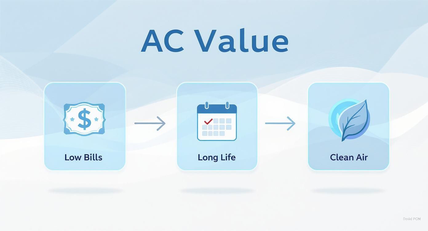 Infographic showing the flow from AC maintenance to benefits like low bills, long system life, and clean air
